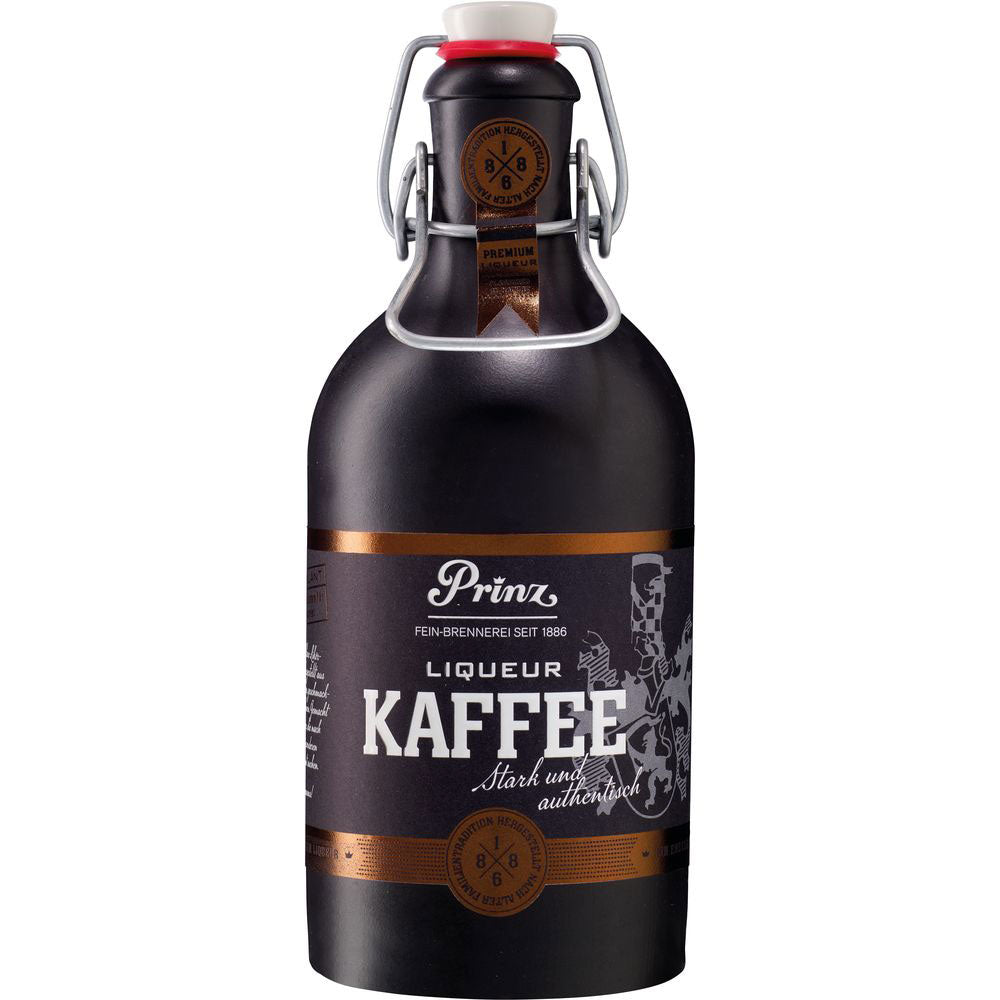 Die dunkle Glasflasche Prinz Nobilant Kaffee Liqueur 37,7% (0,5L) der Feinbrennerei Thomas Prinz mit Bügelverschluss und braun-goldenem Etikett liefert satte Arabica-Röstaromen in jedem Schluck.