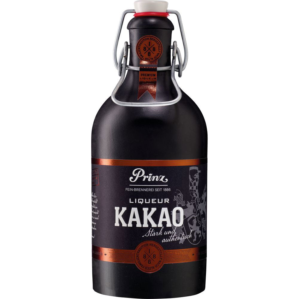 Die dunkle Flasche von Feinbrennerei Thomas Prinz Nobilant Kakao Likör 37,7% (0,5L) hat einen Bügelverschluss und ein schwarz-braunes Etikett.