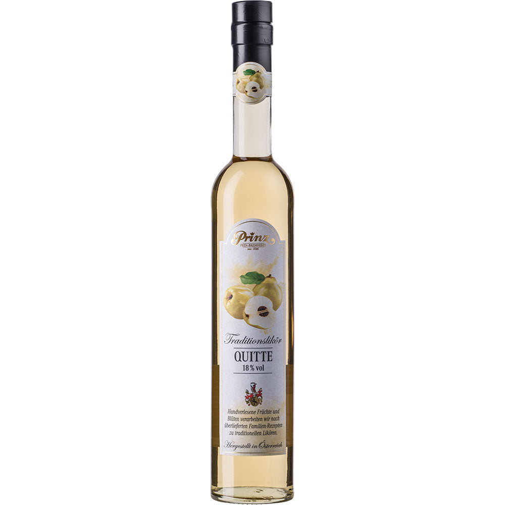Eine hohe Glasflasche der Feinbrennerei Thomas Prinz Quitten Likör 18,0% (0,5 Liter), ein Premium-Fruchtlikör aus der Bodenseeregion, mit einem Etikett mit gelben Quitten und einem schwarzen Verschluss.