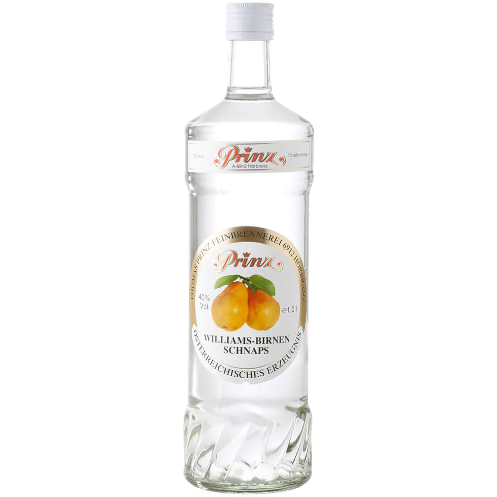 Eine Klarglasflasche Prinz Williams-Birnen Schnaps 40% (1L) von der Feinbrennerei Thomas Prinz, mit einem Etikett mit zwei gelben Birnen und Text.