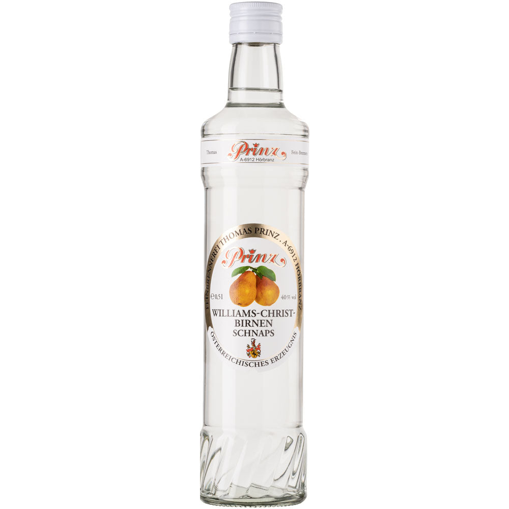Eine Klarglasflasche der Feinbrennerei Thomas Prinz Williams-Birnen Schnaps 40% 0,5 Liter, ein Premium-Birnenbrand, mit einem weißen Etikett mit Birnenmotiven.