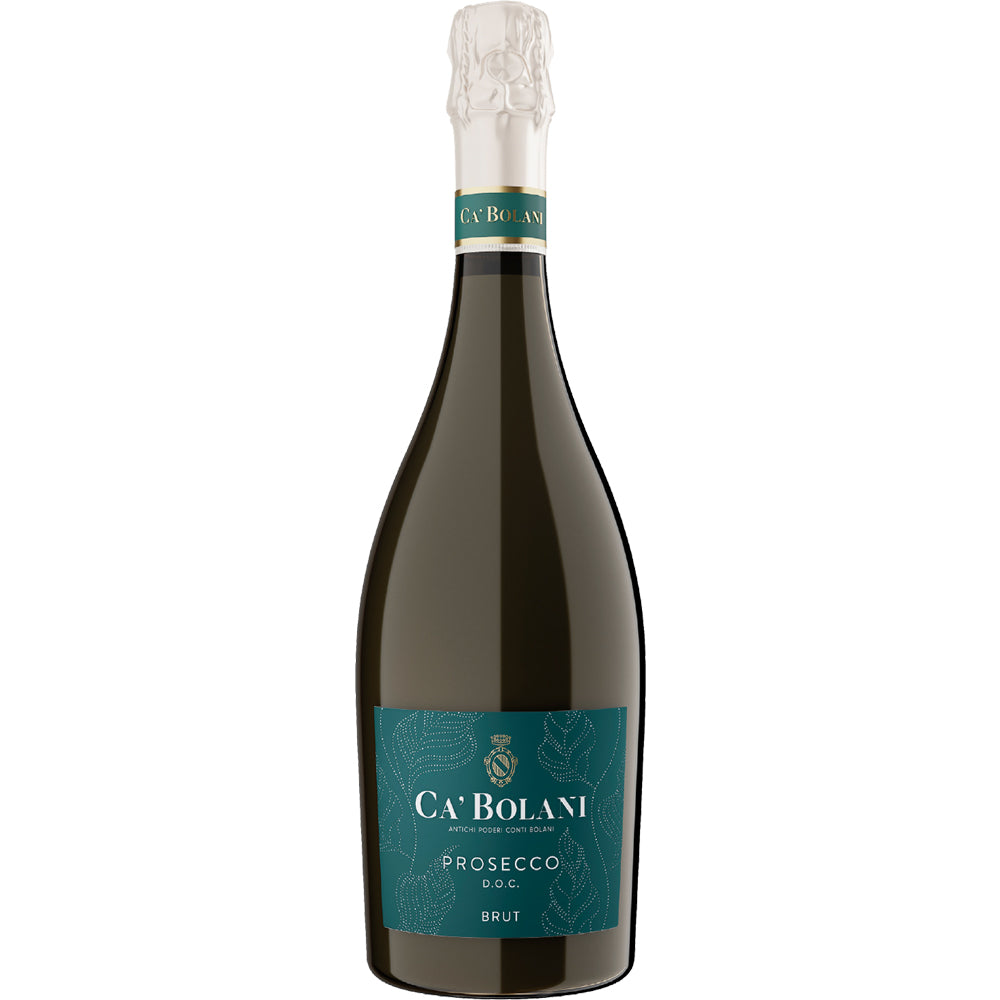 Die 0,75-Liter-Flasche Ca' Bolani Prosecco Spumante Brut DOC ist mit einem blaugrünen Etikett und einem mit Folie umwickelten Korken versehen, der den eleganten Stil des Friauler Schaumweins unterstreicht.