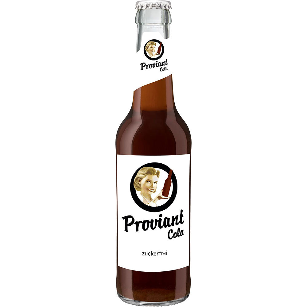 Eine 0,33 l Glasflasche Proviant Cola zuckerfrei (24er-Pack, MEHRWEG) von Proviant, eine zuckerfreie Cola mit einer Frau im Vintage-Stil auf dem Etikett.