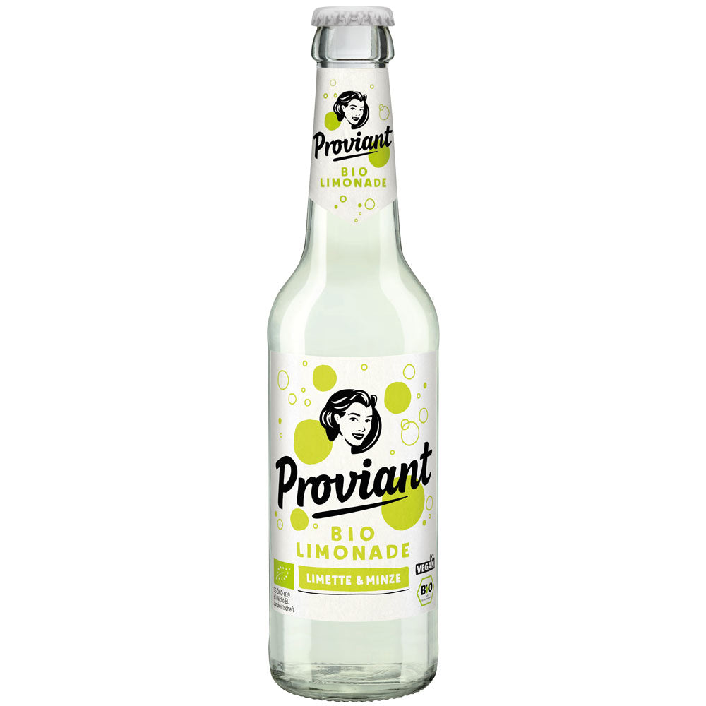 Proviant Limette-Minze Limo BIO 24x0,33L (MEHRWEG): Erfrischende Bio-Limonade von Proviant mit Limetten-Minze-Geschmack, serviert in Glasflaschen mit Retro-Frauenlogo und grünen Blasen.