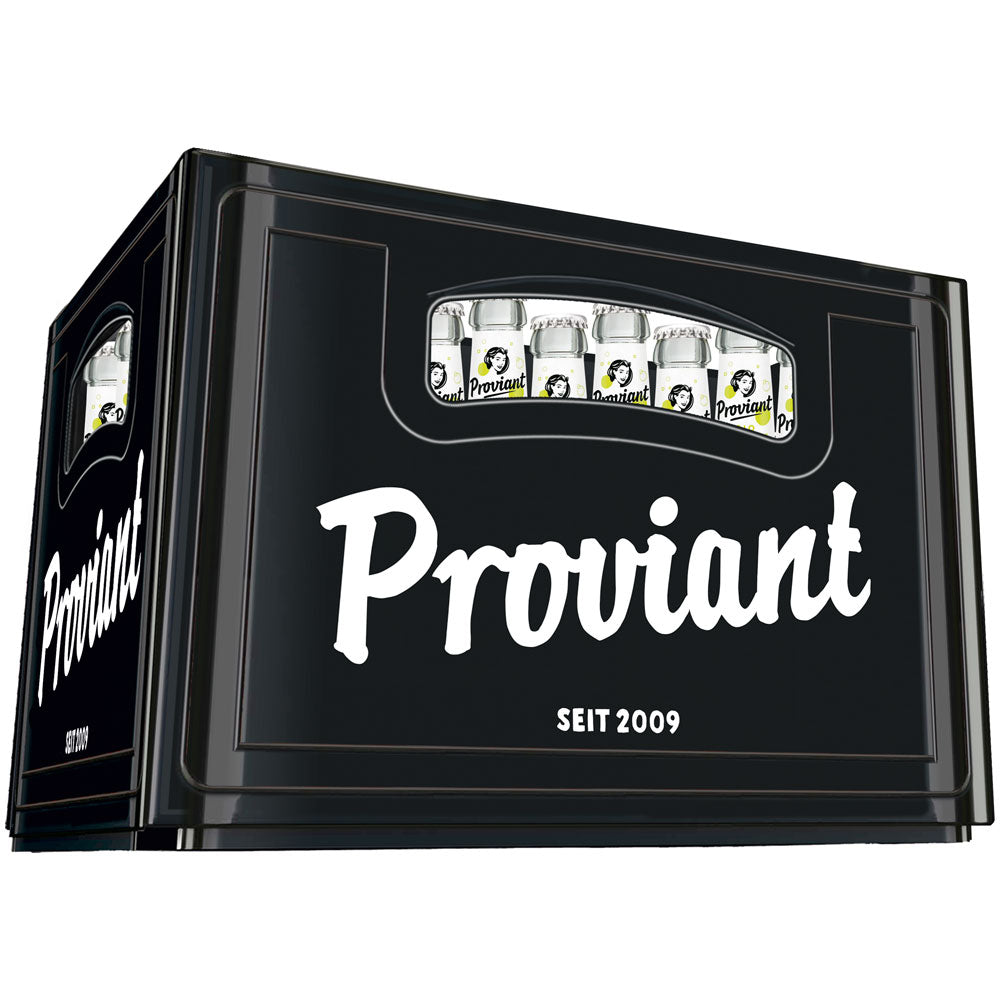 Eine schwarze Proviant-Kiste mit der Aufschrift "SEIT 2009" enthält Flaschen von Proviant Limette-Minze Limo BIO (24x 0,33L Mehrweg), wobei die natürliche Limonade durch ein Seitenfenster sichtbar ist.