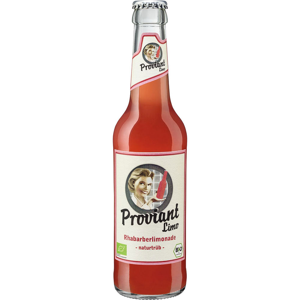 Die 0,33-Liter-Glasflasche Proviant Rhabarberlimo naturtrüb Bio (24er-Pack, Mehrweg) bietet ein erfrischendes Getränk mit natürlichem Rhabarbersaft, Etikett im Vintage-Stil und Bio-Rohrzucker.