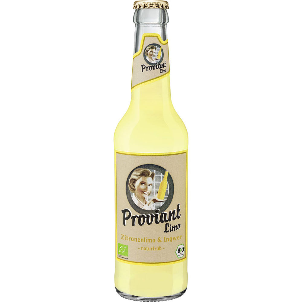 Proviant Zitronen & Ingwer naturtrüb Bio (MEHRWEG) in der 0,33-Liter-Glasflasche mit Zitronen- und Ingwergeschmack auf einem Etikett im Vintage-Stil, erhältlich in einem 24er-Pack.