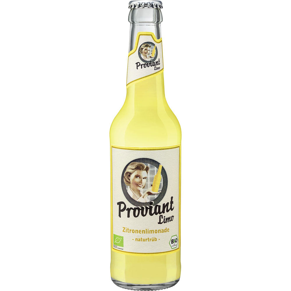 Eine Proviant Zitronenlimo naturtrüb Bio 0,33L Glasflasche mit einem gelben Etikett, auf dem eine Frau abgebildet ist, die diese Bio-Zitronenlimo aus Rohrzucker genießt.