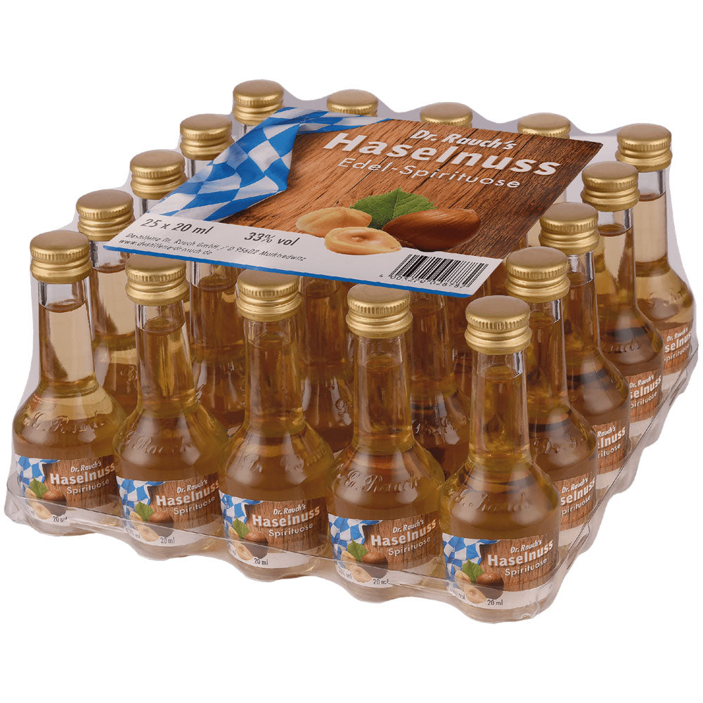 Eine Packung mit 25 Miniflaschen (je 0,02 l) Rauch Haselnuss Edelspirituose 33% von Rauch Spirituosen, mit blau-weißem Etikett.