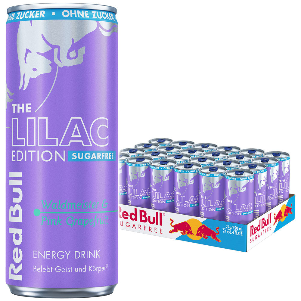 Eine Dose Red Bull Energy Drink Lilac Edition Sugarfree steht vor einem 24x250ml Tray und liefert einen erfrischenden Boost mit Waldmeister Pink Grapefruit-Geschmack.