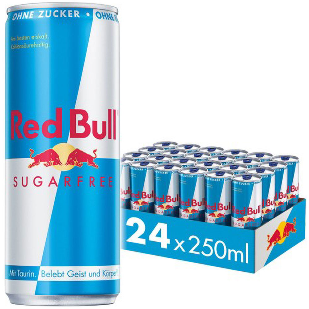 Eine 250ml-Dose Red Bull Energy Drink Sugarfree steht neben einer 24x250ml-Schale (EINWEG) des gleichen Getränks von Red Bull.