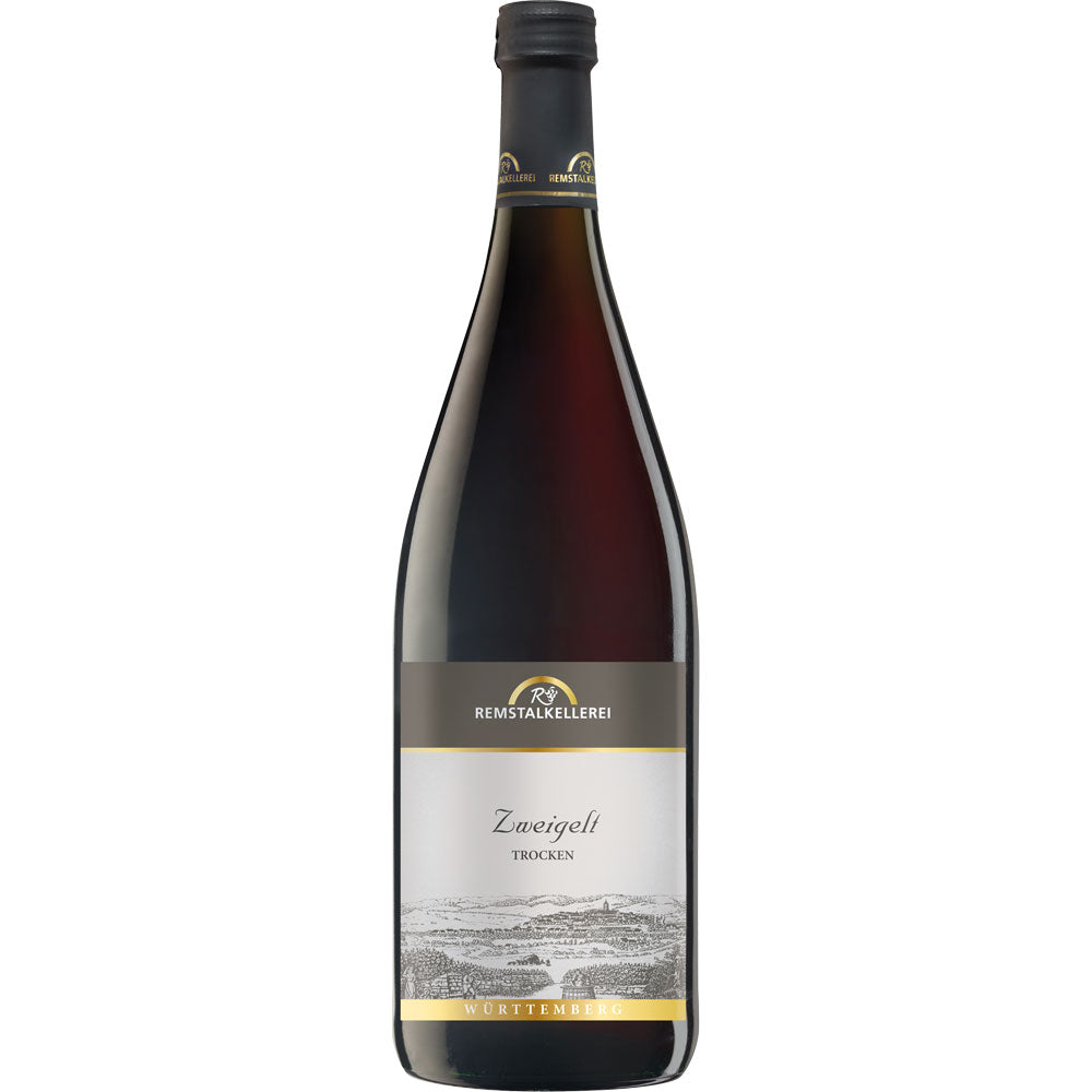 Eine Flasche Remstalkellerei Zweigelt trocken 1L (Mehrweg), ein deutscher Rotwein von Remstalkellerei, mit schwarzem Verschluss und weißem Etikett.