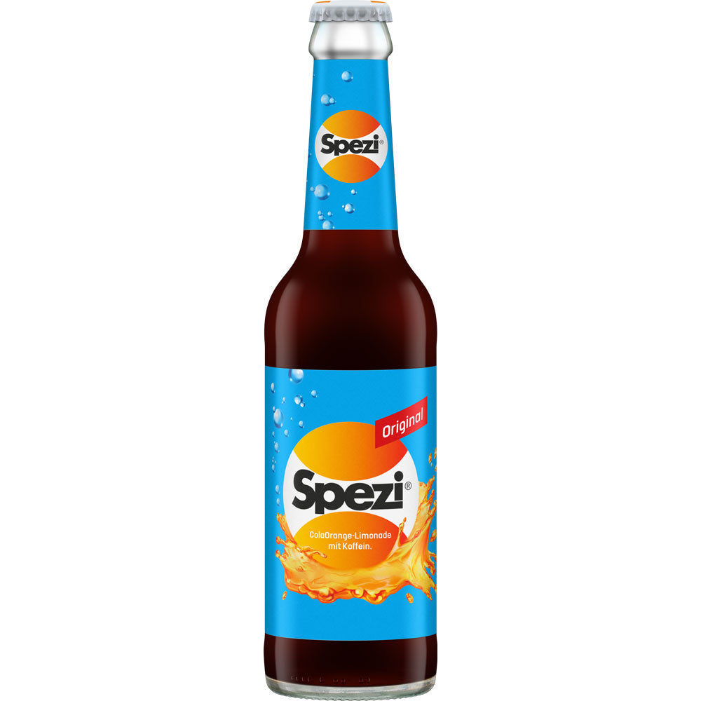 Riegele Spezi Original (MEHRWEG) in der 0,33-Liter-Glasflasche mit blauem Etikett und orangefarbenem Spritzer, erhältlich im 24er-Pack.