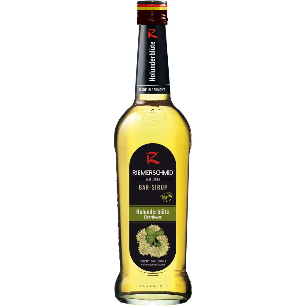 Eine 0.7L Flasche Riemerschmid Bar-Sirup Holunderblüte - idealer Holunderblütensirup für Cocktails und Mixgetränke.
