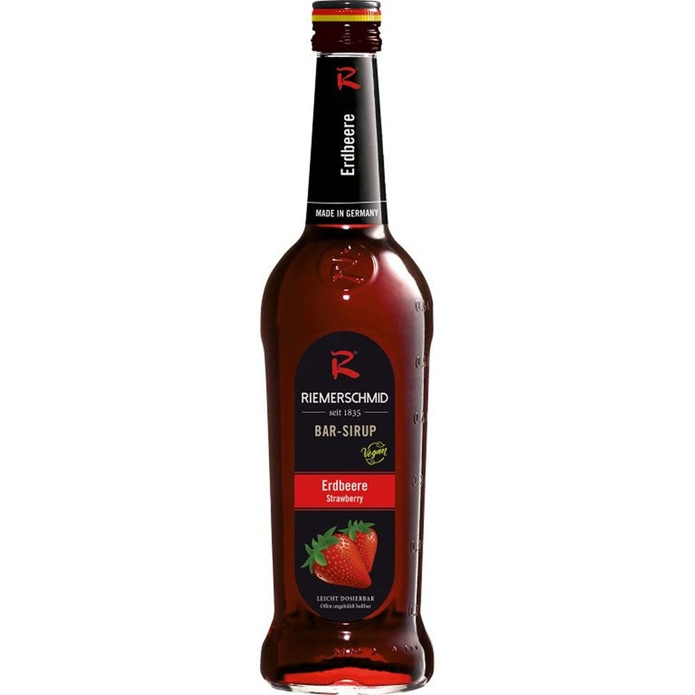 Riemerschmid Bar-Sirup Erdbeere 0,7 Liter: Dieser Erdbeersirup von Riemerschmid hat ein rotes Etikett mit einem Erdbeermotiv - ideal, um Ihren Getränken einen intensiven Erdbeergeschmack zu verleihen.