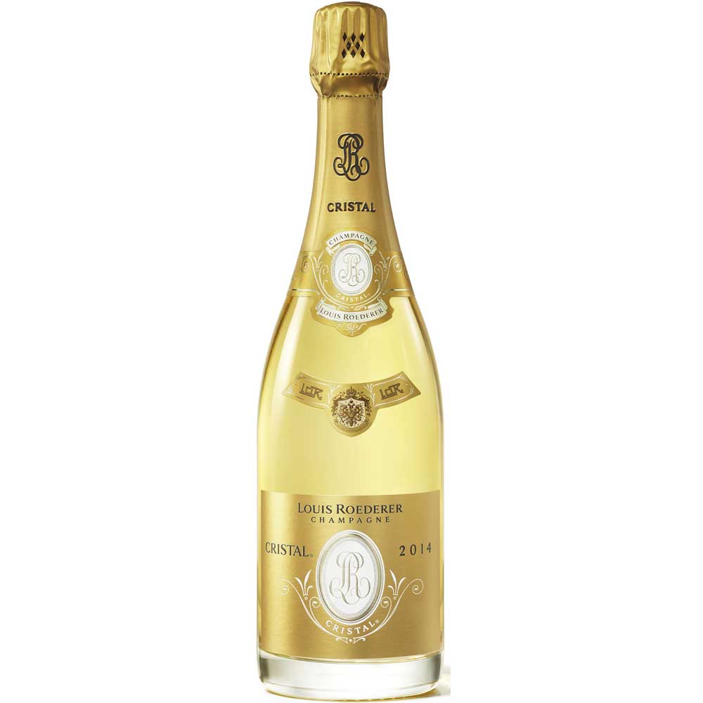 Eine 0,75-Liter-Flasche Louis Roederer Champagner Cristal Brut 2015, elegant präsentiert mit Goldetikett und Folie, hergestellt von Louis Roederer.