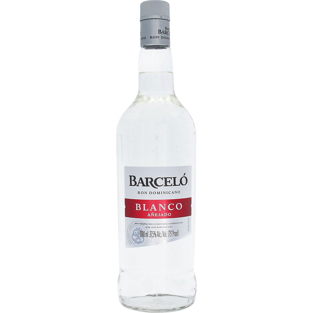 Eine Flasche Ron Barceló Blanco Rum 37,5% 1 Liter wird auf einem weißen Hintergrund mit der Marke Ron Barceló dargestellt.