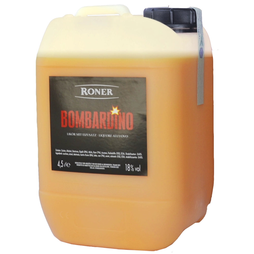 Der Roner Bombardino Likör 18 % wird in einem großen, gelben 4,5-Liter-Kunststoffkanister mit schwarzem Verschluss und Etikett angeboten. Dieser klassische Südtiroler Eierlikör von Roner ist das perfekte Après-Ski-Getränk, um es nach einem Tag auf der Piste zu genießen.