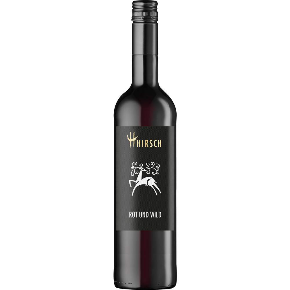 Eine Flasche Christian Hirsch Rot und Wild Rotwein-Cuvée trocken von Christian Hirsch, mit schwarzem Etikett und weißer Hirschgrafik, mit einer Württemberger Rotweinmischung.
