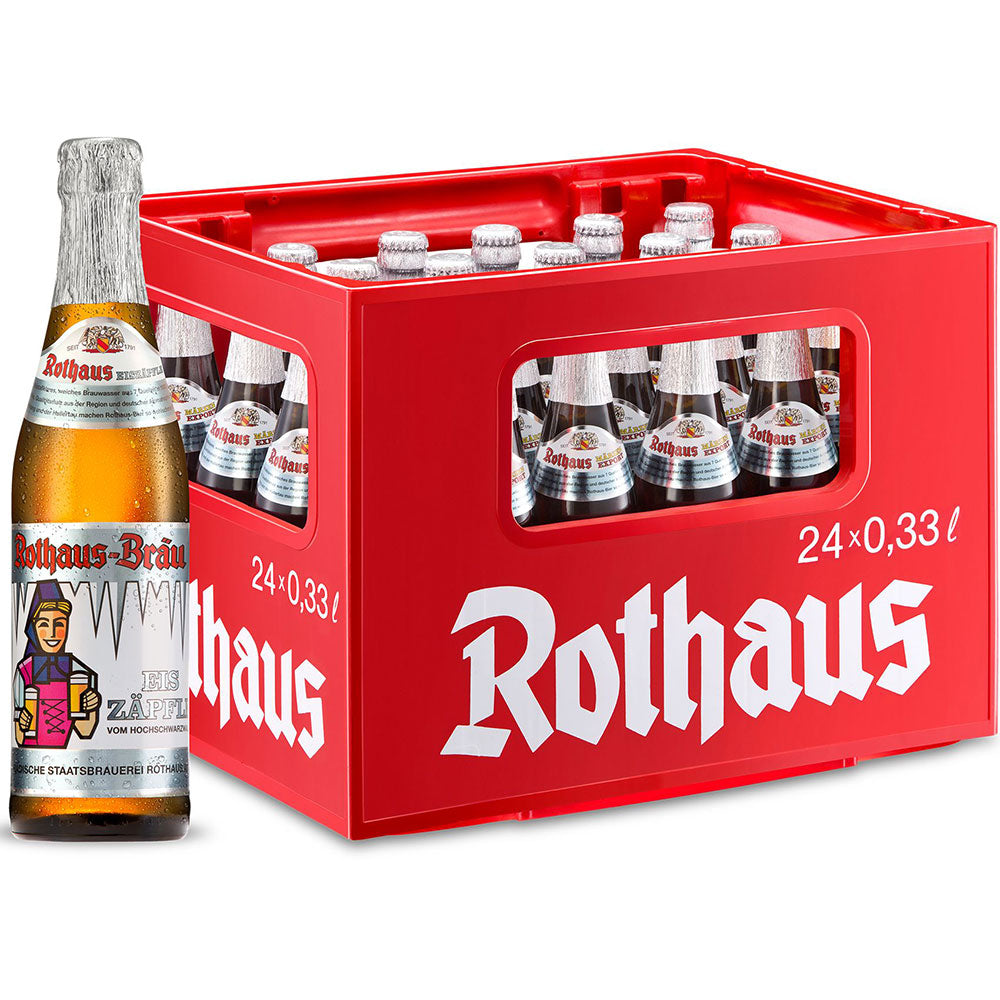 Eine rote Kiste Rothaus Eiszäpfle 24x 0,33L (MEHRWEG), mit einer Flasche im Vordergrund - ideal, um den echten Rothaus-Geschmack aus dem Schwarzwald zu genießen.