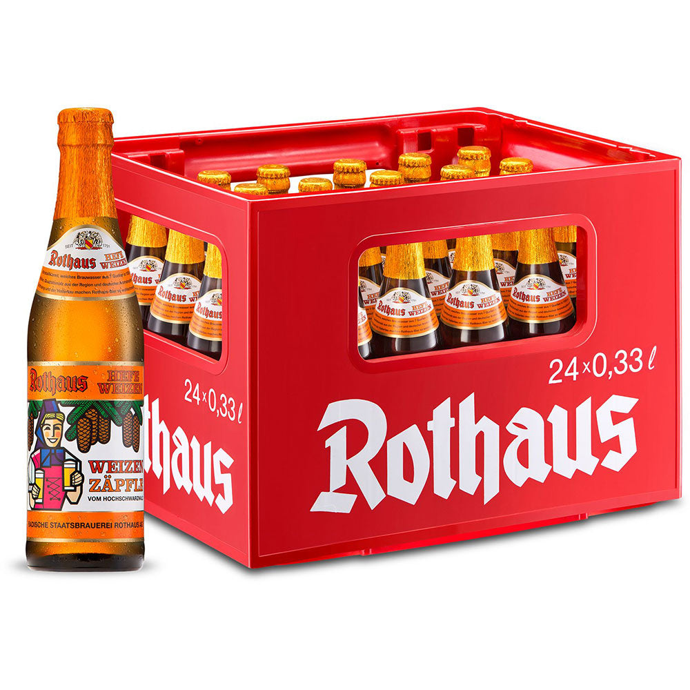 Ein roter Rothaus-Kasten enthält 24 Flaschen Rothaus Hefe Hell 0,33L (Mehrweg), davor steht eine Flasche Rothaus Hefe Hell naturtrübes Hefeweizen.