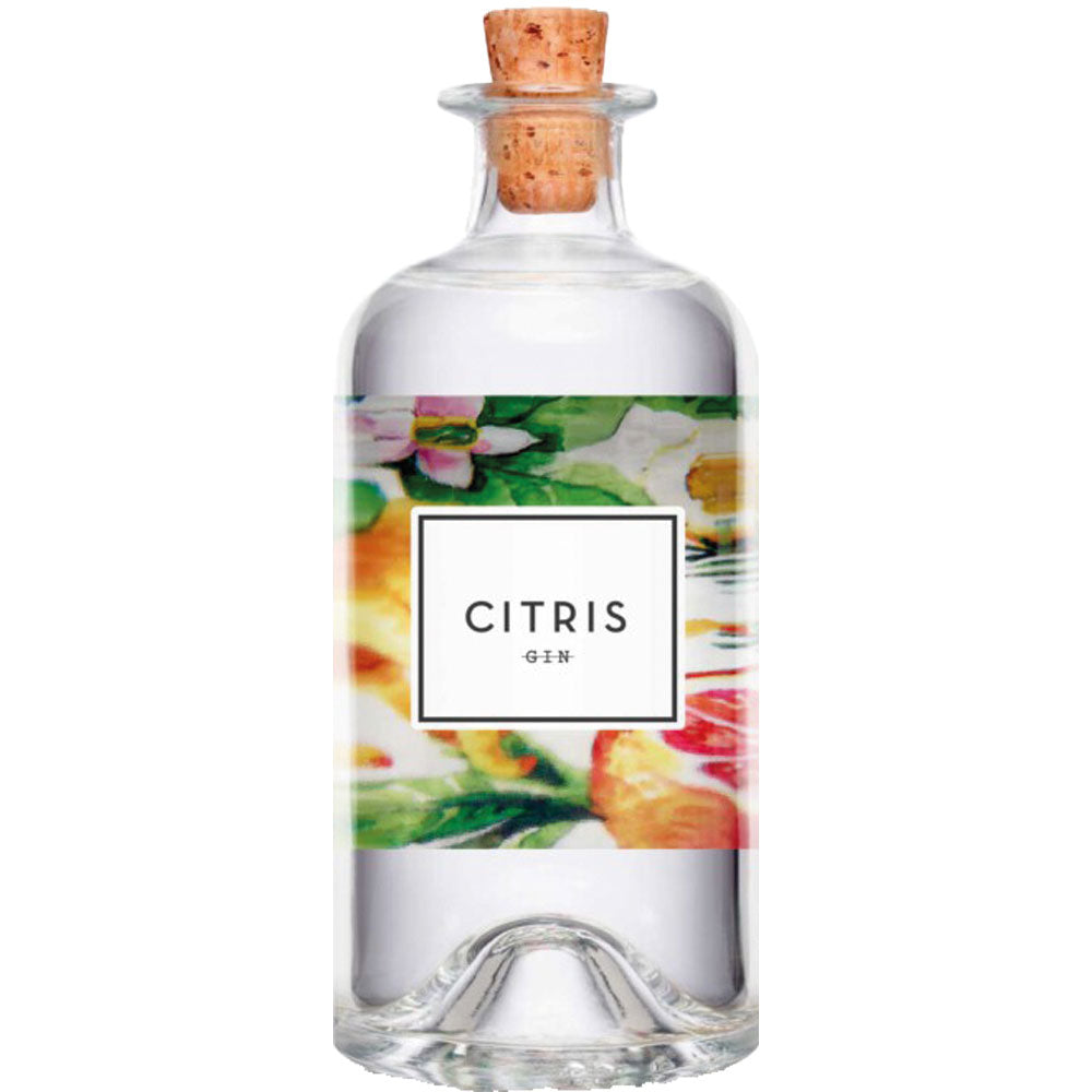 Klarglasflasche von Rubus Gin's CITRIS Gin 42% (0,5L) mit einem Korkverschluss und einem farbenfrohen Blumen-Frucht-Etikett, das die lebhaften Zitrusaromen dieses erfrischenden New Western Dry Gin hervorhebt.