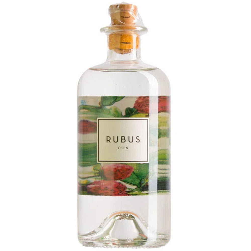 Rubus Gin 42% 0,5 Liter: Klare Glasflasche mit Korkverschluss und farbenfrohem Beeren- und Grün-Etikett - ein fruchtiger Gin im Stil des New Western von Rubus Gin.