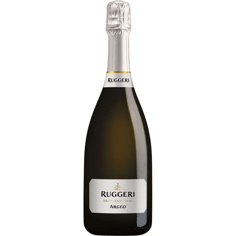 Eine 0,75-Liter-Flasche Ruggeri Argeo Prosecco Treviso Brut DOC mit silbernem Folienverschluss und weißem Etikett auf dunklem Glas - ideal für jeden Sektliebhaber.