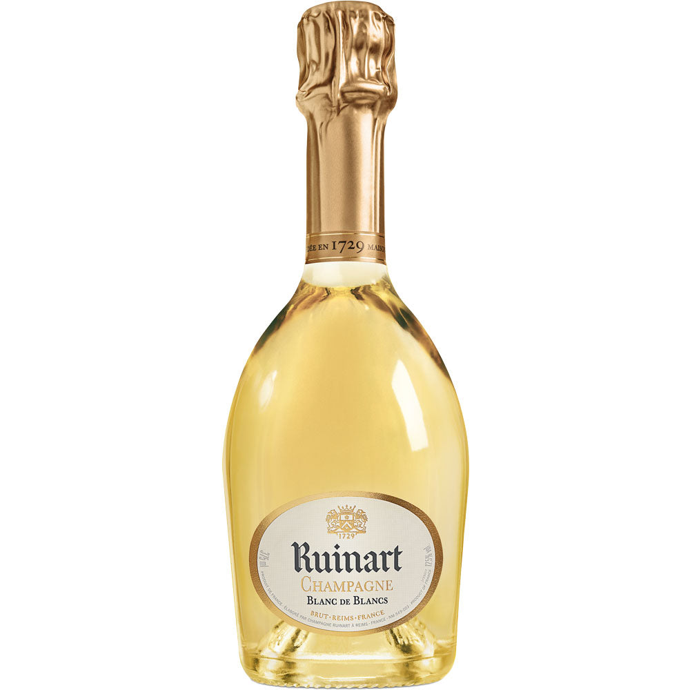 Eine 0,375-Liter-Flasche Champagne Ruinart Blanc de Blanc aus Chardonnay-Trauben mit Goldfolie und einem eleganten weiß-goldenen Etikett.