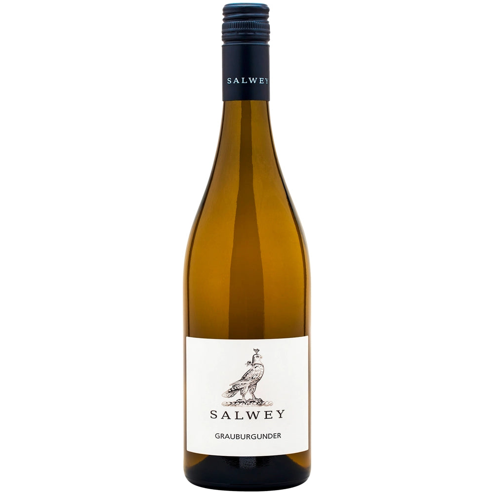 Eine Flasche Salwey Grauburgunder Gutswein trocken 2023 – mit einem weißen Etikett, das mit einer Pfauenillustration verziert ist – dieser elegante Wein von Salwey verkörpert die Essenz des Kaiserstuhler Grauburgunders trocken.