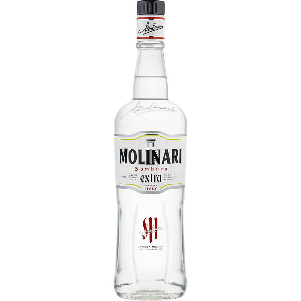 Eine 0,7-Liter-Klarglasflasche Molinari Sambuca 40%, ein klassischer italienischer Anislikör, mit weißem Etikett und rotem Siegel.