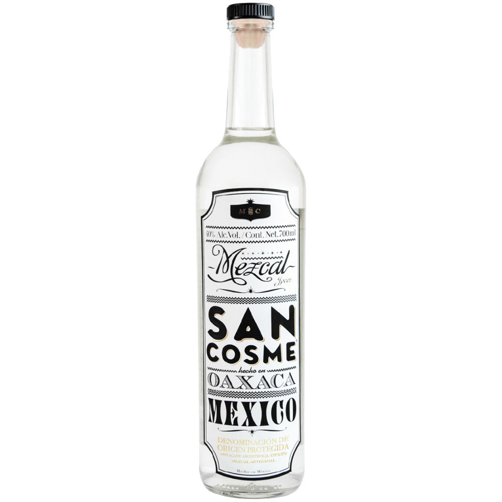 San Cosme Mezcal Blanco 40% 0,7L ist eine klare Flasche aus Oaxaca, Mexiko, hergestellt aus Espadín-Agave und mit einem auffälligen schwarz-weißen Etikett versehen.