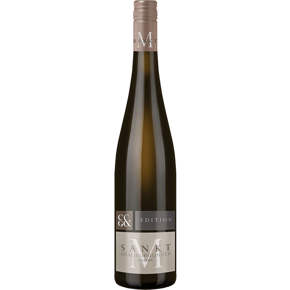 Eine hohe, schlanke Flasche Weingärtner Cleebronn-Güglingen Sankt M. Grauburgunder trocken 2024 deutscher Weißwein mit beigem Etikett und Schraubverschluss.