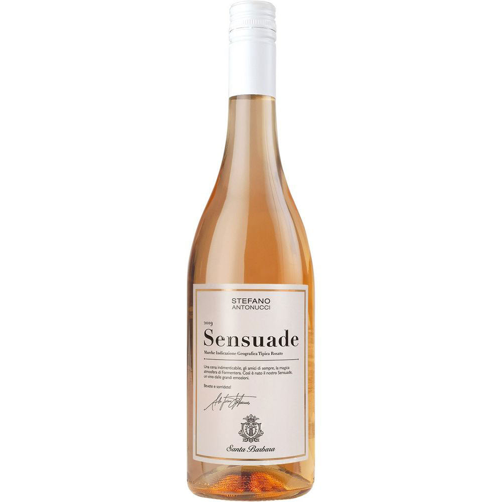 Entdecken Sie den Santa Barbara Sensuade Rosato Marche IGT 2024 - ein raffinierter italienischer Rosé mit weißem Etikett und weißer Kappe, der von Santa Barbara hergestellt wird.