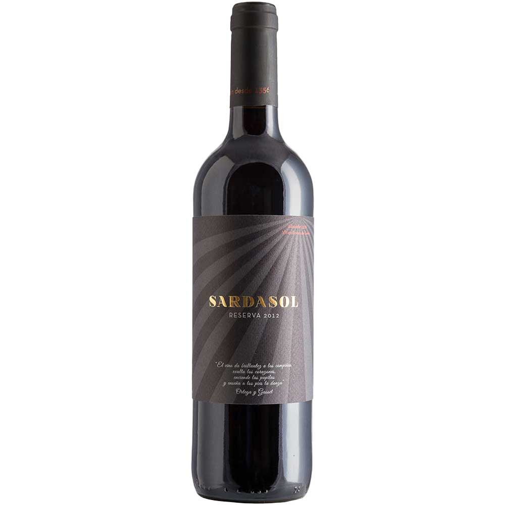 Eine Flasche Bodegas Alconde Sardasol Cabernet Sauvignon Reserva 2021 aus Navarra mit einem dunklen Etikett mit goldener und weißer Aufschrift.