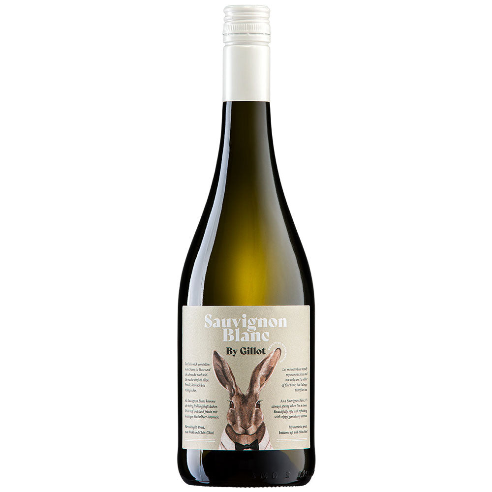Eine Flasche Kühling-Gillot Sauvignon Blanc von Gillot Edition Hase trocken 2025, mit einem Hasen auf dem Etikett und weißem Verschluss - ideal als erfrischender Sommerwein.