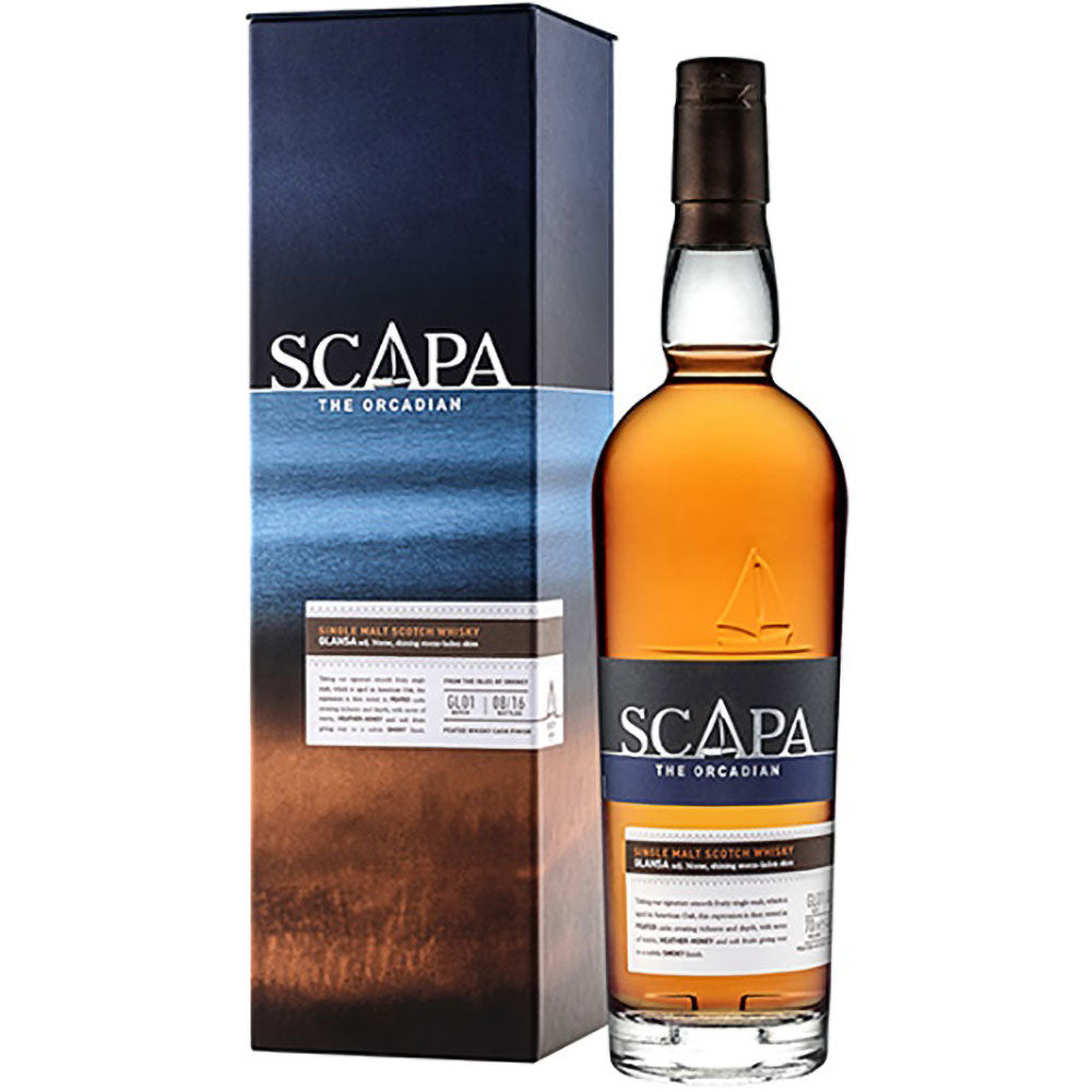Eine Flasche Scapa The Orcadian Glansa Single Malt Scotch Whisky 40% 0,7L steht neben der passenden Farbverlaufsdose.