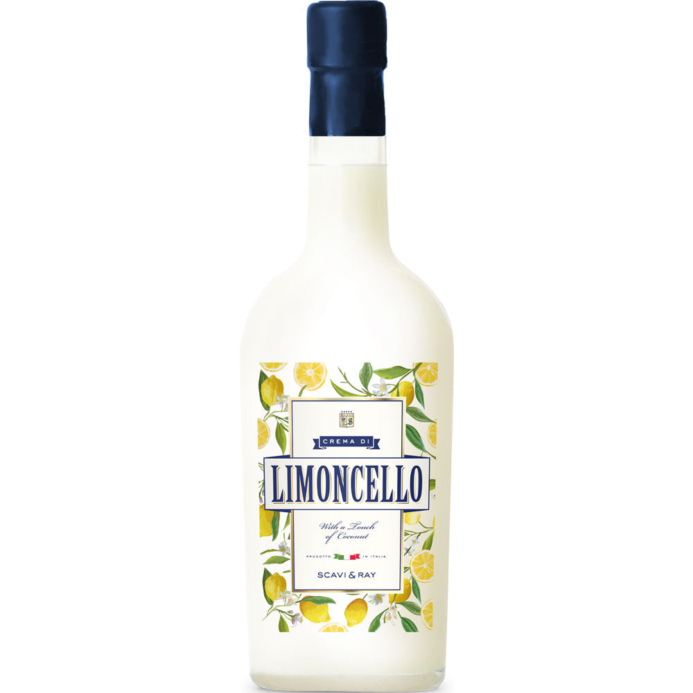 Scavi & Ray Crema di Limoncello 17% 0,7L hat eine blaue Kappe und Zitronenabbildungen - ein idealer cremiger Zitronenlikör für Zitronenliebhaber.