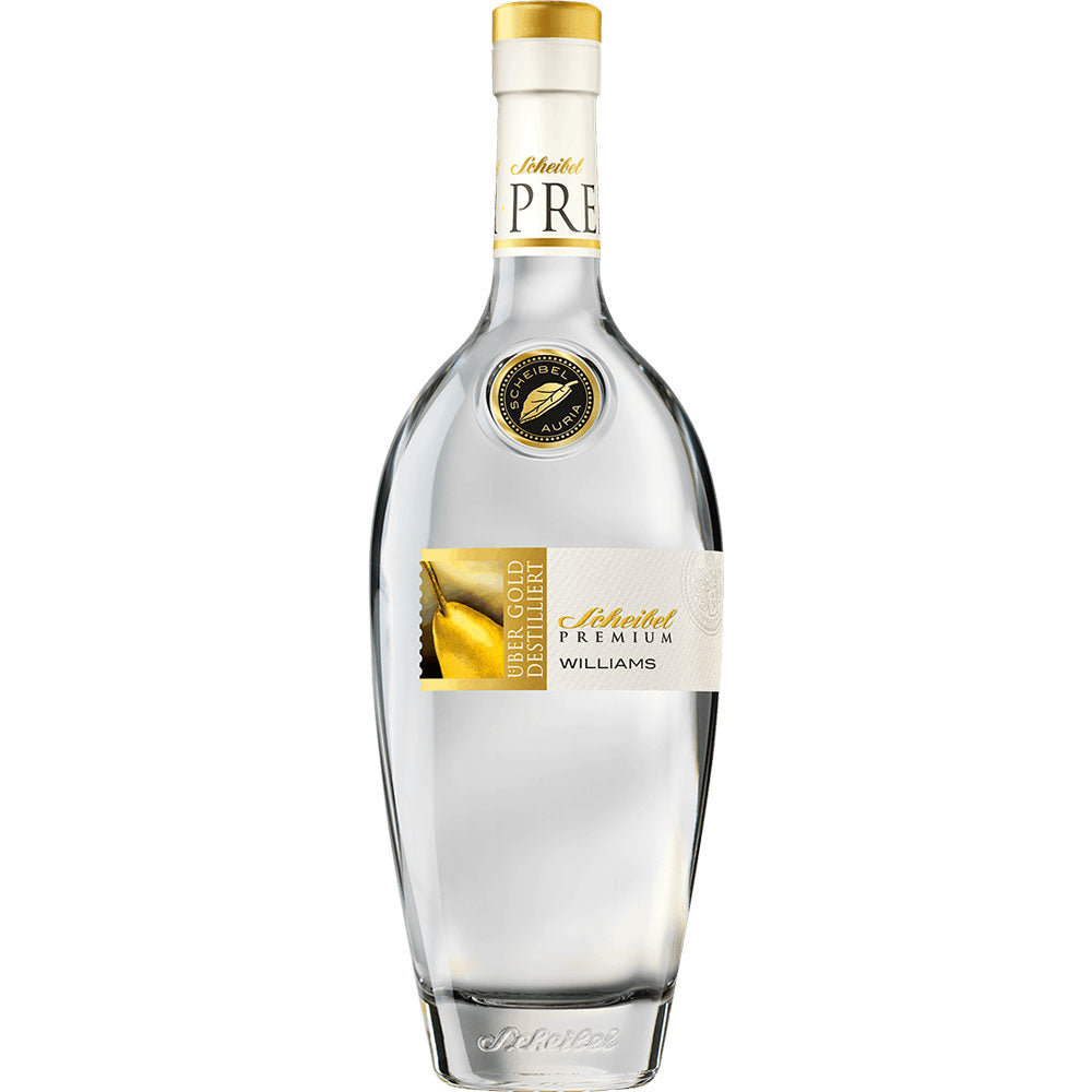 Eine Klarglasflasche von Scheibel Williams-Christ Birnen-Brand Premium 40% (0,7L) mit goldenen und weißen Etiketten und einem goldenen Verschluss.