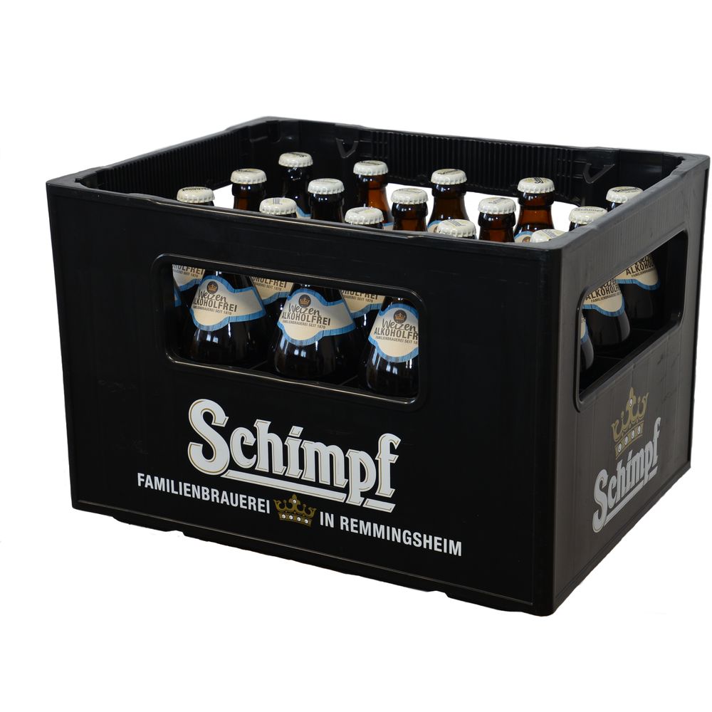 Eine schwarze Kiste mit Schimpf-Brandzeichen, gefüllt mit 20 Flaschen (je 0,5 l) Schimpf Hefeweizen alkoholfrei (Mehrweg).