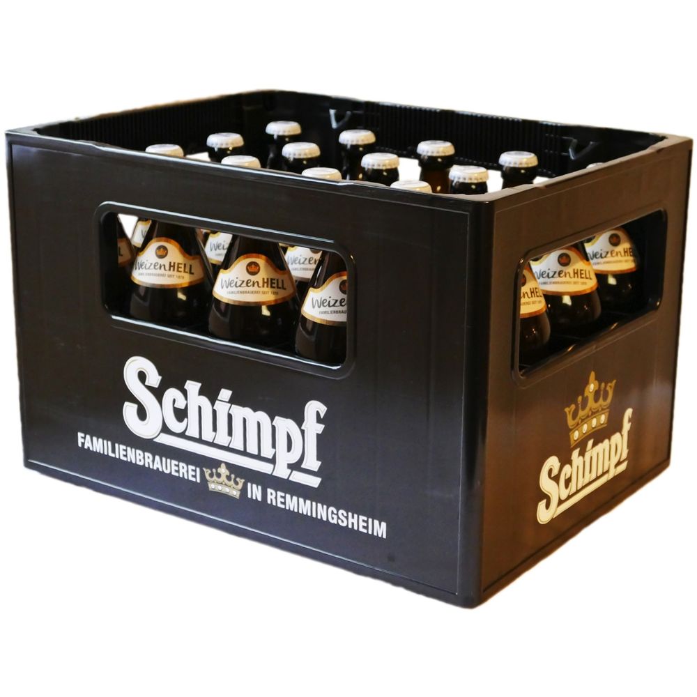 Ein schwarzer Kasten mit 20x 0,5L Flaschen Schimpf Hefeweizen Hell (Mehrweg), ein Weizenbier von Schimpf.