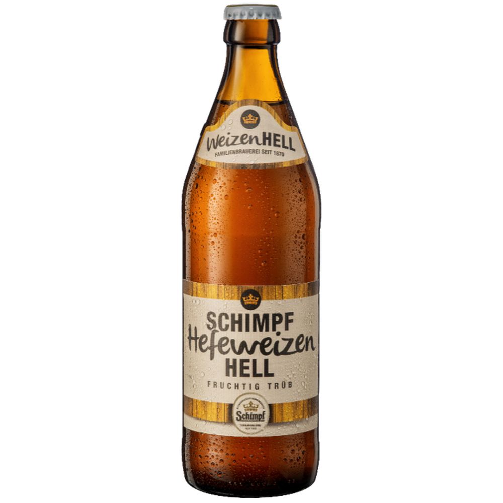Eine braune Flasche Schimpf Hefeweizen Hell 20x 0,5 Liter (MEHRWEG), ein Weizenbier aus Baden-Württemberg, mit beigem Etikett und goldenen Akzenten.