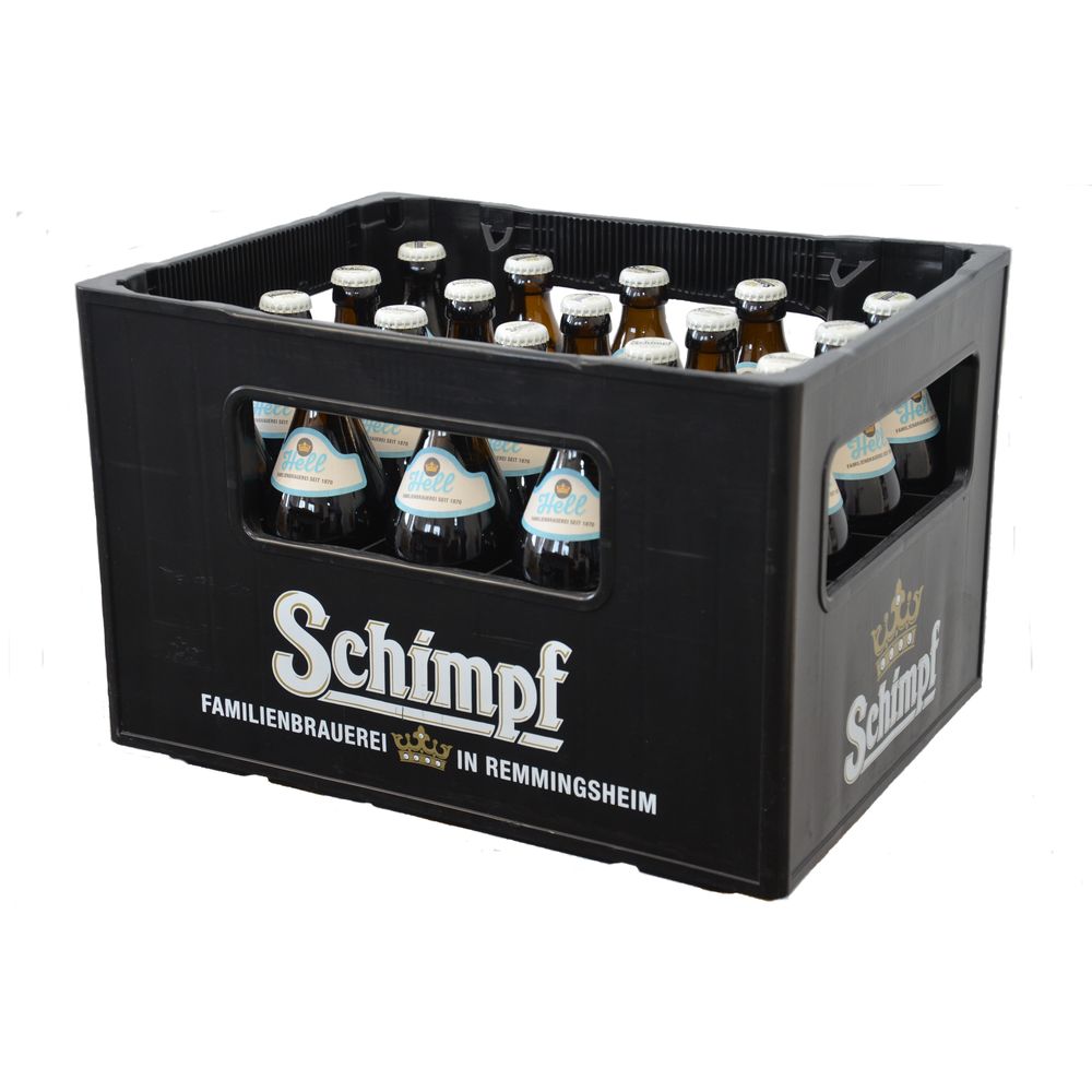 Ein schwarzer Kasten mit 20 x 0,5-Liter-Bierflaschen der Marke Schimpf Hell (MEHRWEG), die an den Seiten den Namen und das Logo der Marke Schimpf tragen.