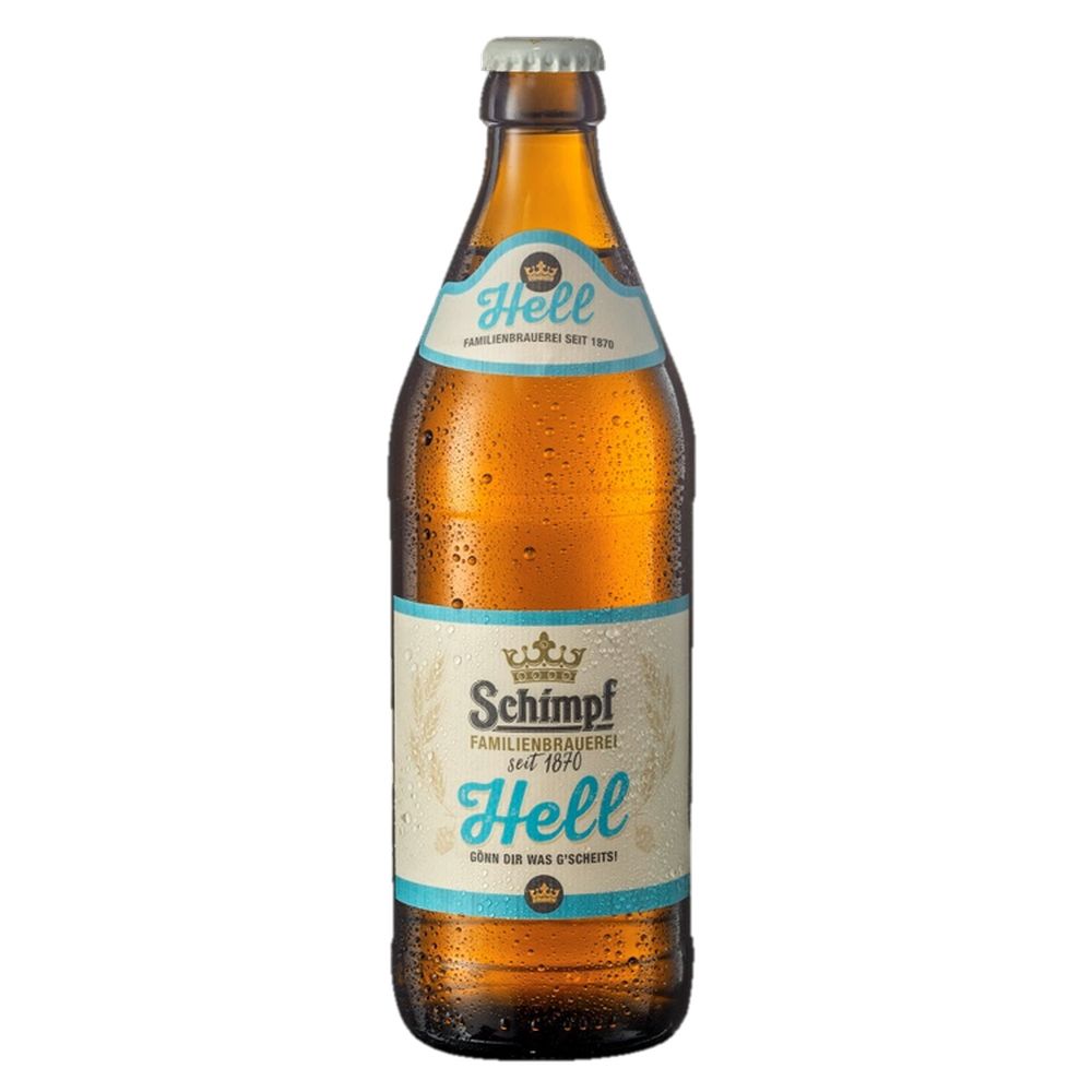 Eine braune Flasche Schimpf Hell 20x 0,5 Liter (MEHRWEG) von Schimpf, mit blau-weißem Etikett und Kondensationsperlen.
