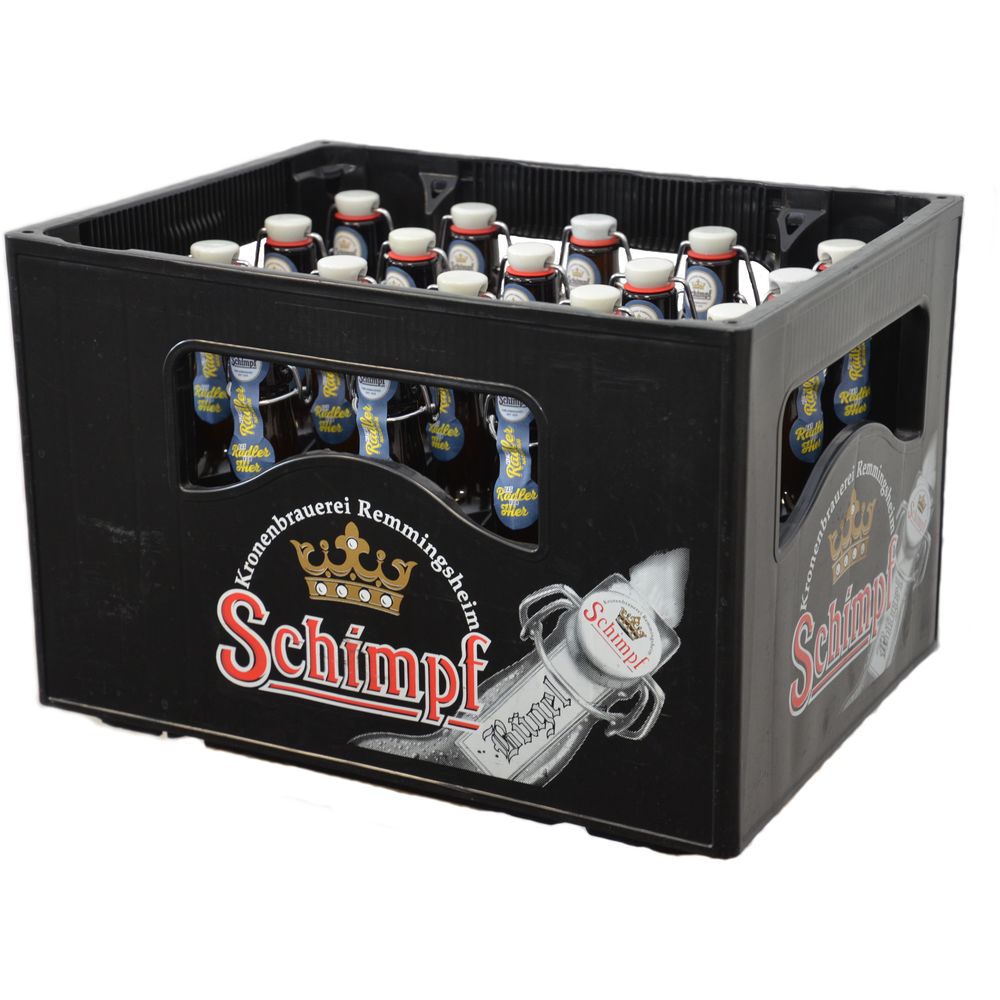 Ein schwarzer Kasten mit Schimpf Kleines Radler naturtrüb Bügel 20x0,33L (MEHRWEG) Bierflaschen, mit Kronen und Logos auf dem Kasten und den Flaschenetiketten.