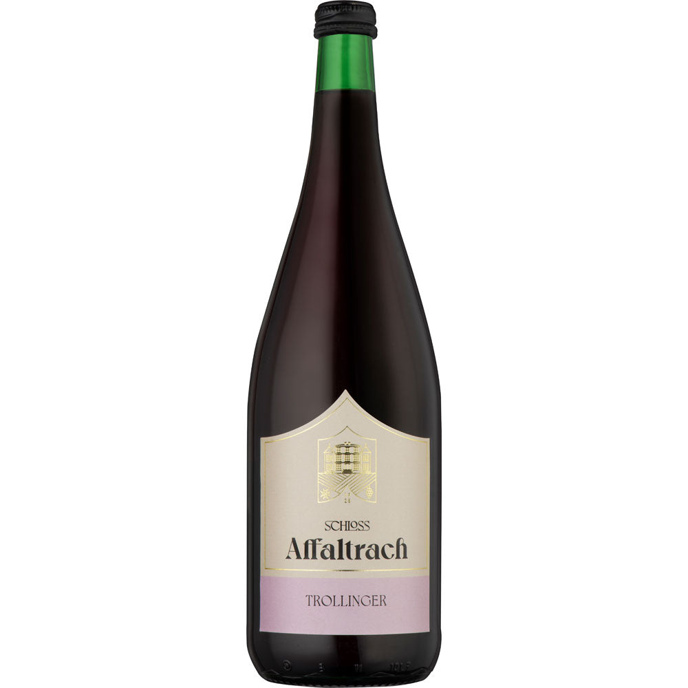 Eine Flasche Schloss Affaltrach Trollinger 12x 1 Liter (MEHRWEG), ein deutscher Rotwein von Schloss Affaltrach, mit grünem Verschluss und cremefarbenem Etikett.