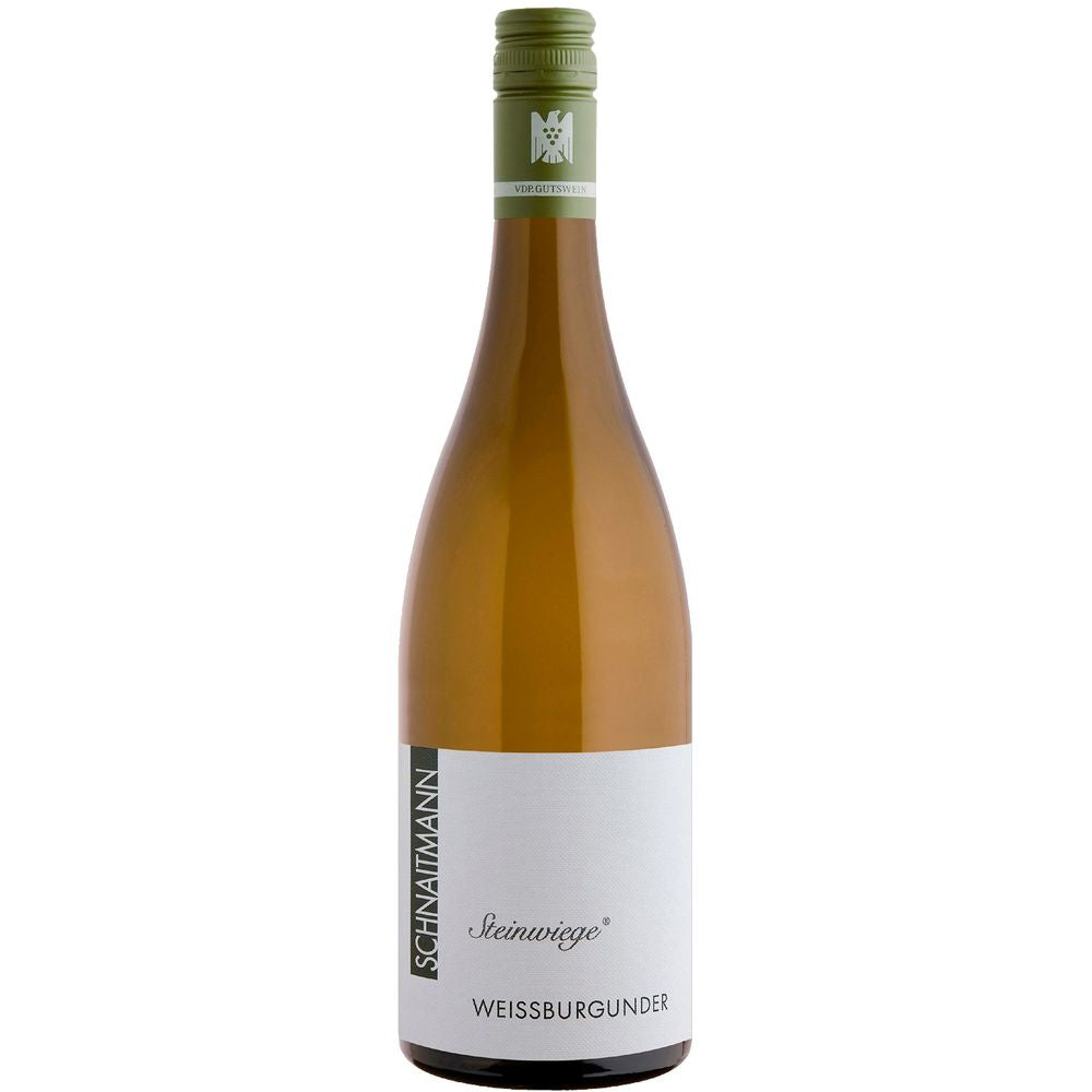 Eine Flasche Schnaitmann Steinwiege Weißburgunder BIO trocken 2023 mit grünem Verschluss und weißem Etikett.