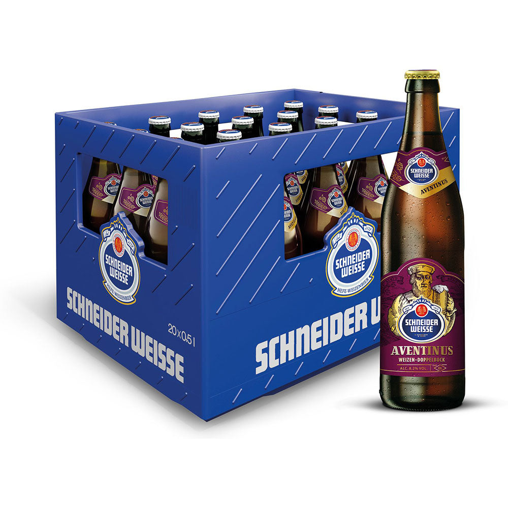 Ein Kasten Schneider Weisse Aventinus TAP6 20x 0,5L (MEHRWEG) Bierflaschen mit einer Flasche auf der Vorderseite.