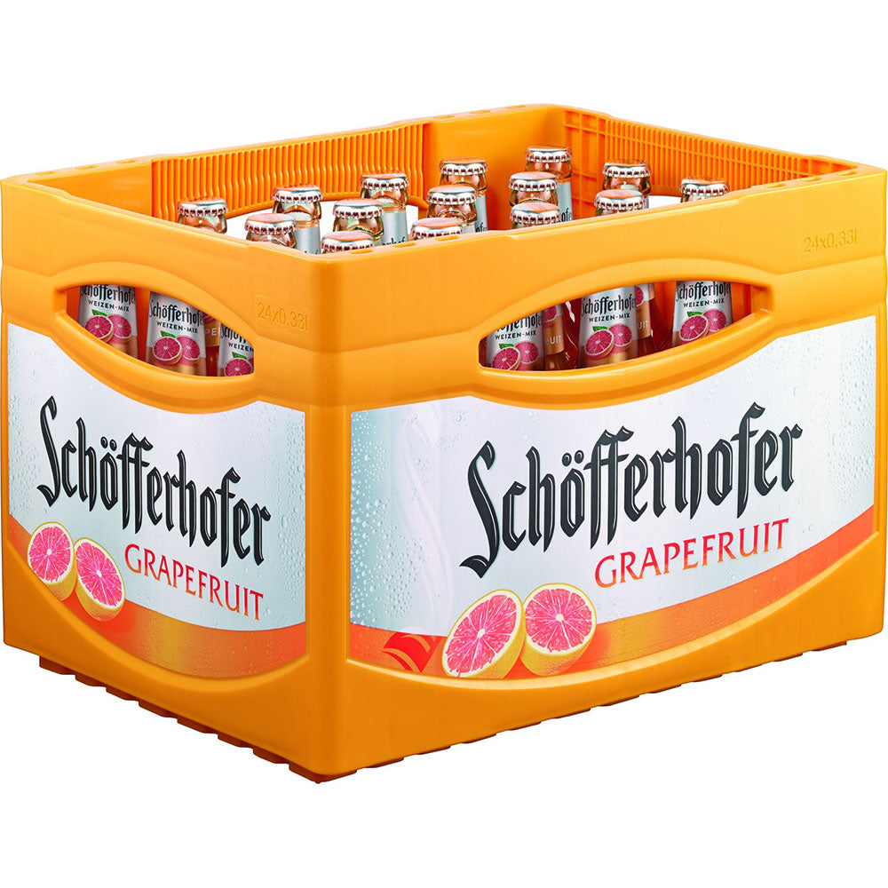 Eine Kunststoffkiste mit 24 Flaschen Schöfferhofer Grapefruit 0,33L (Mehrweg) von Schöfferhofer Weizen - eine erfrischende Mischung aus Weizenbier und Grapefruit.