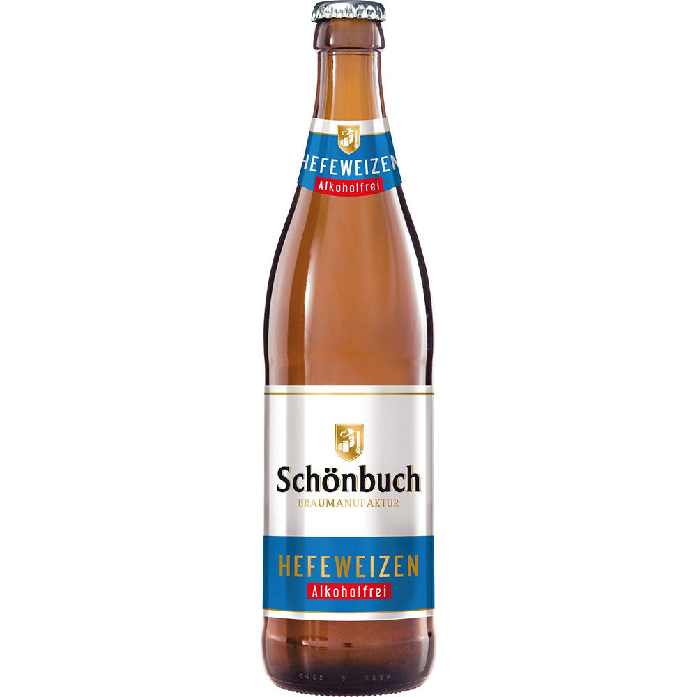 Eine Schönbuch Bräu Hefe Alkoholfrei 0,5L MEHRWEG Flasche mit blauem und rotem Etikett steht auf weißem Hintergrund.